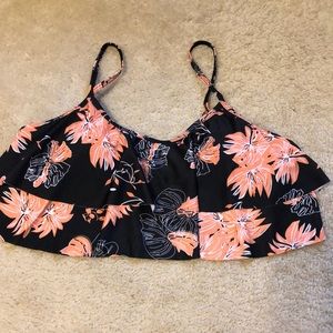 Black & orange floral ruffled bathing suit top